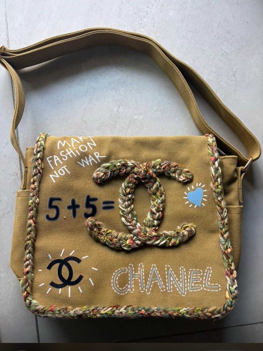 CHANEL-hand painted Olive Green Shoulder Bag with Braided Trim